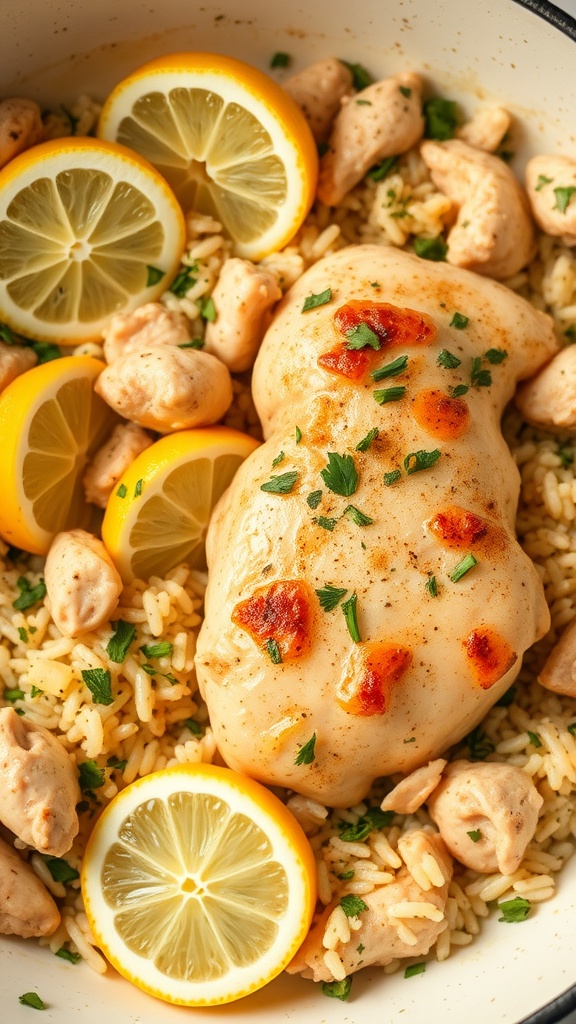 A delicious one-pot lemon herb chicken and rice dish.