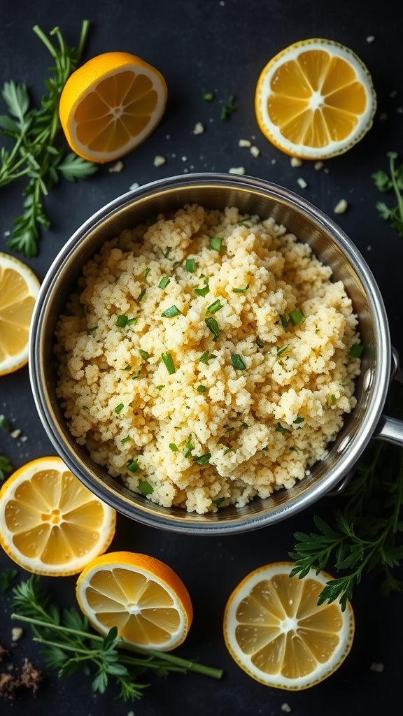 A bowl of fluffy lemon herb quinoa with fresh herbs and lemon slices around it.