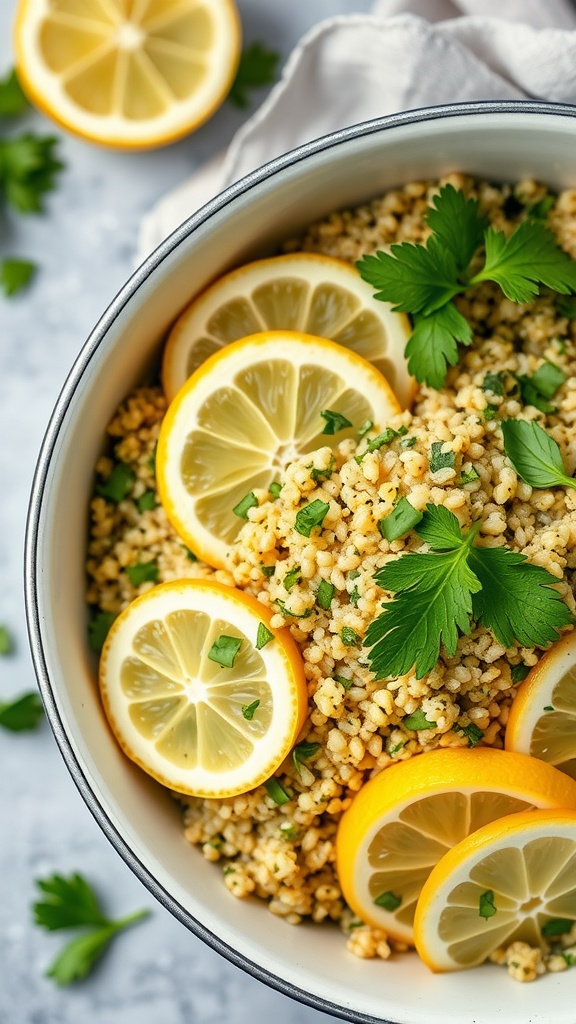 A bowl of lemon herb quinoa garnished with lemon slices and parsley.