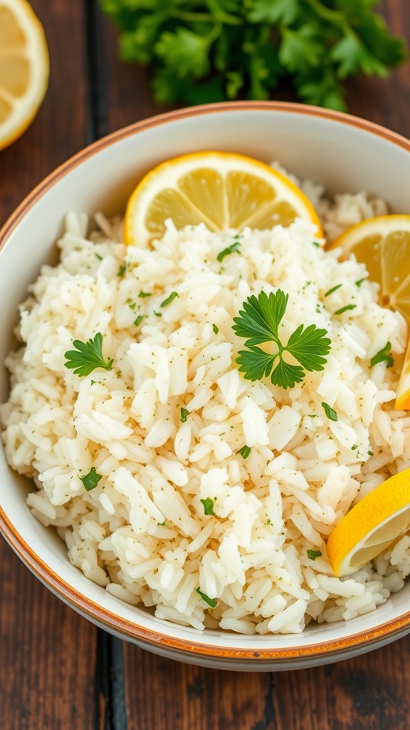 A bowl of lemon herb rice garnished with lemon slices and parsley.