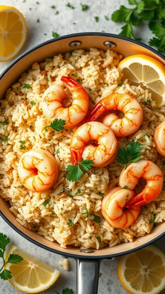 A delicious serving of one-pot lemon herb rice topped with shrimp and garnished with parsley.