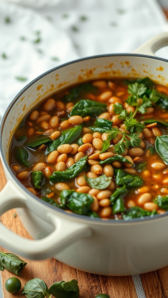 A bowl of hearty lentil and spinach stew garnished with parsley.
