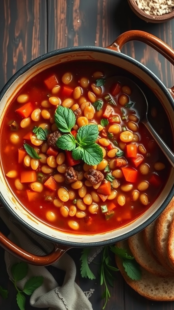 A bowl of hearty lentil and veggie stew with colorful vegetables and a sprinkle of fresh herbs.
