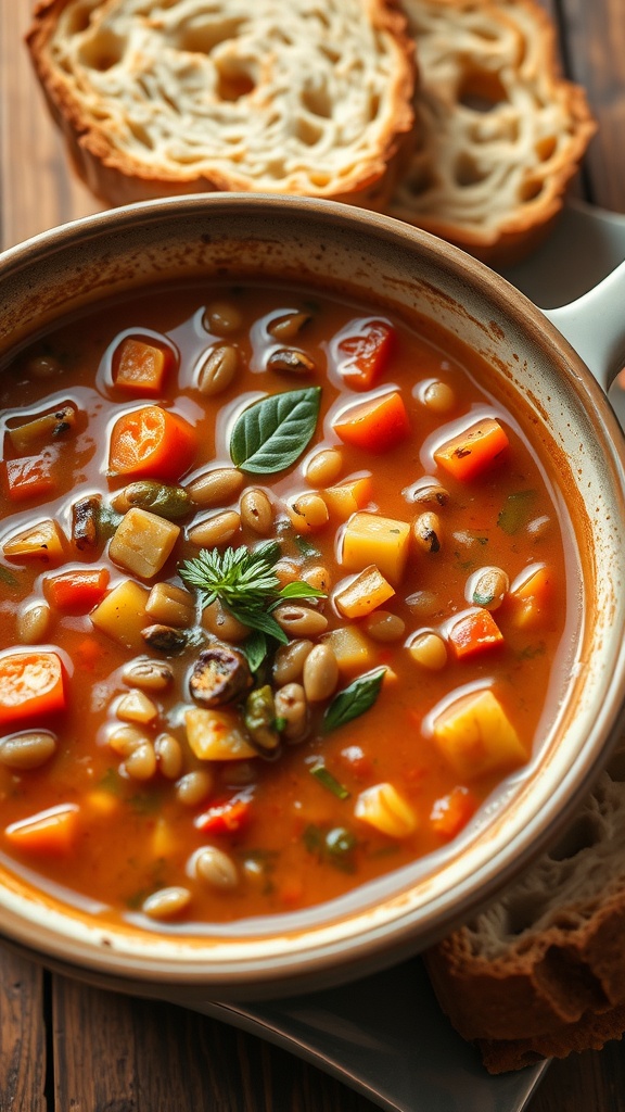 A bowl of hearty lentil soup with colorful vegetables