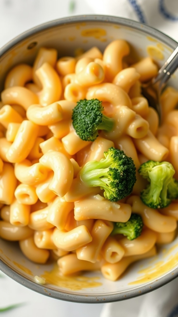 A bowl of creamy mac and cheese with broccoli, showcasing a delicious one-pot meal.