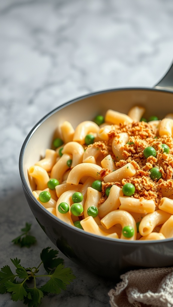 A bowl of macaroni and cheese with peas, topped with breadcrumbs.