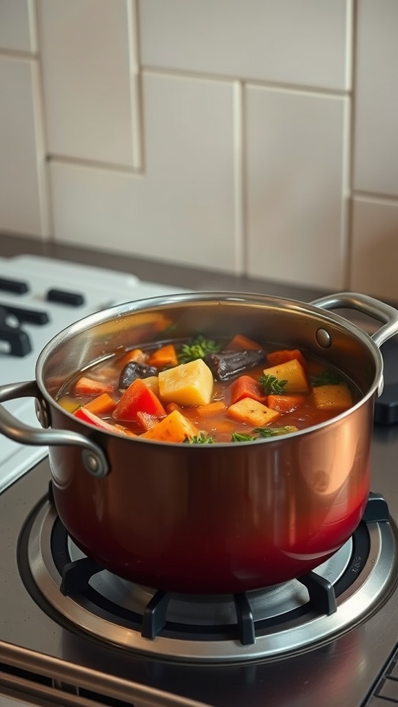 A pot of chicken stew cooking on the stove with colorful vegetables.