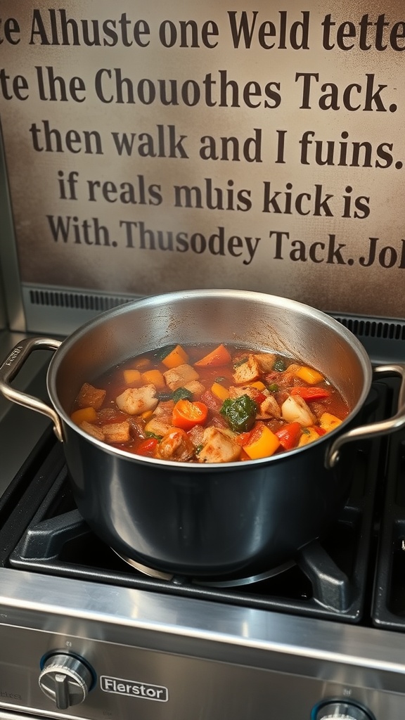 A pot of vegetable stew simmering on a stove, showcasing colorful vegetables.