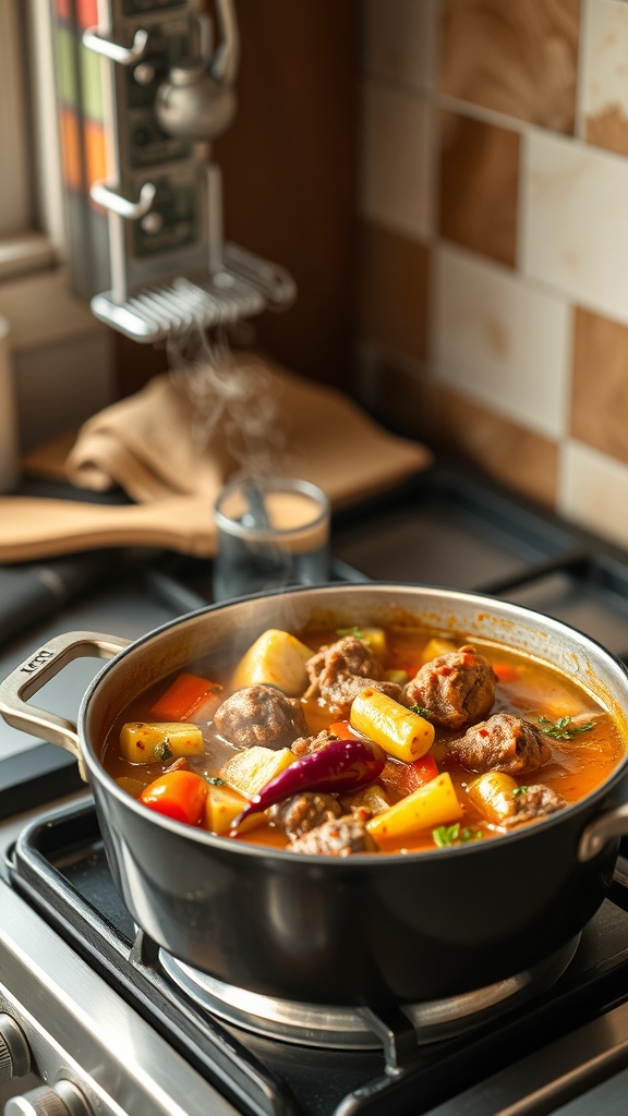 A pot of meatball stew simmering on the stove with colorful vegetables.