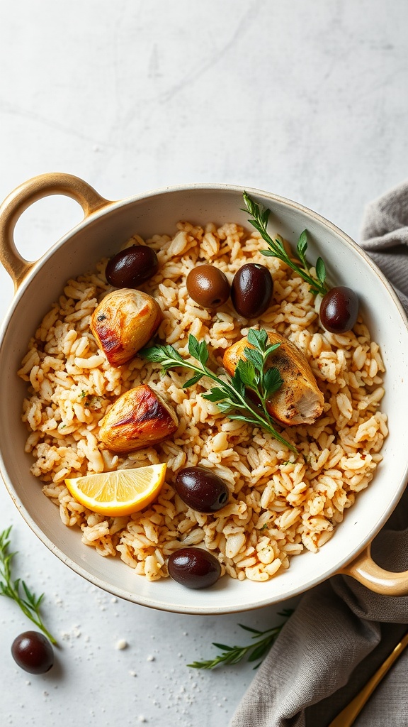 A bowl of Mediterranean chicken and rice with olives and lemon slices.