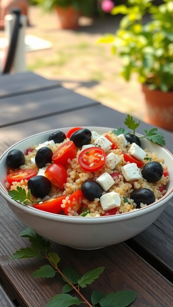 A bowl of Mediterranean couscous salad with cherry tomatoes, cucumbers, olives, and feta cheese.
