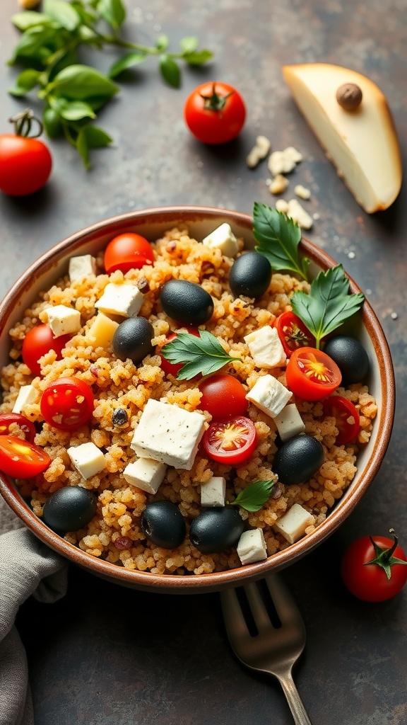 A colorful bowl of Mediterranean quinoa with tomatoes, olives, and feta cheese.
