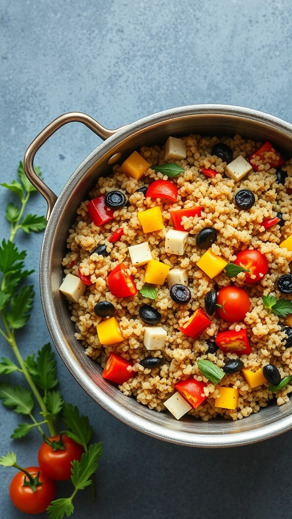 A bowl of Mediterranean quinoa with colorful vegetables and feta cheese
