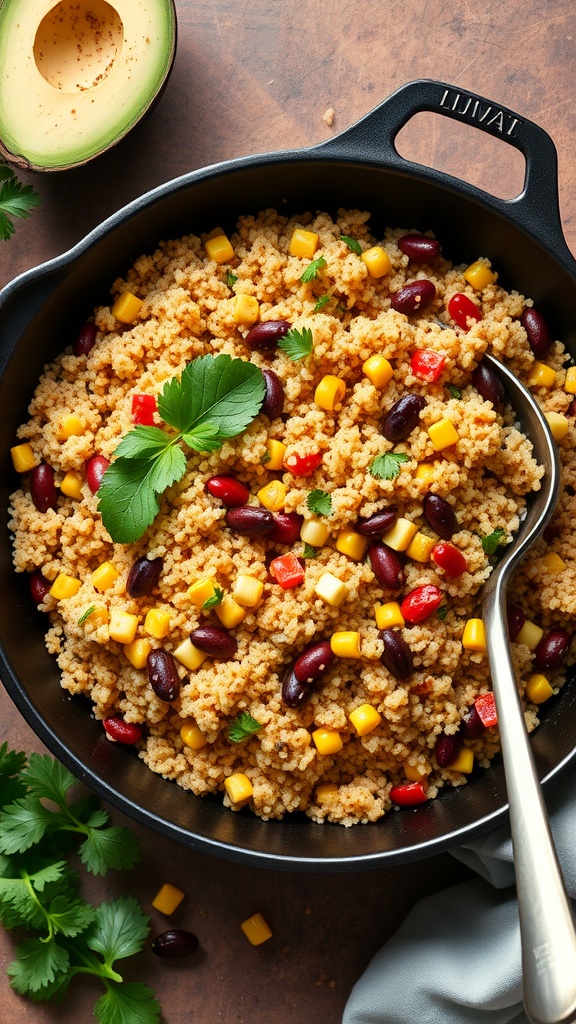 A bowl of One-Pot Mexican Quinoa with colorful ingredients.