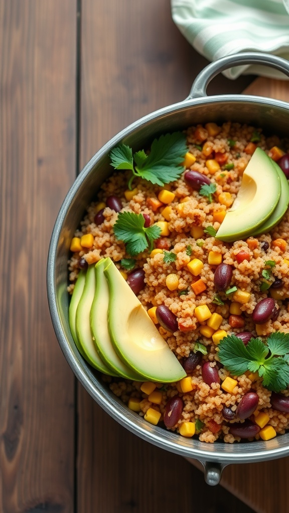 A vibrant bowl of Mexican Quinoa with beans, corn, and avocado slices.