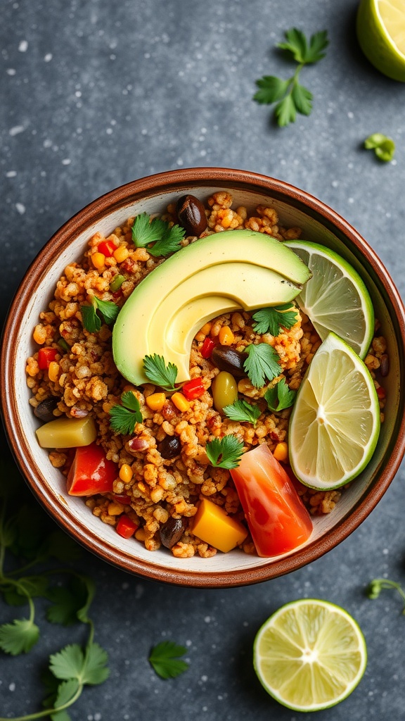 A colorful bowl of Mexican quinoa with avocado, lime, and cilantro.