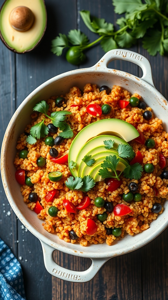 A vibrant one-pot Mexican quinoa bowl with various toppings.