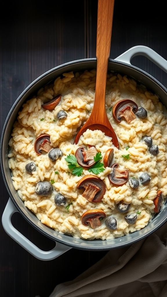 A creamy one-pot mushroom risotto with slices of mushrooms and a wooden spoon