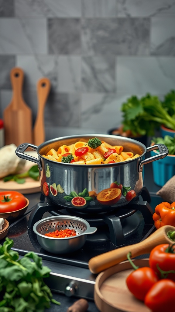 A pot of colorful pasta with broccoli and tomatoes on a stove surrounded by fresh ingredients.
