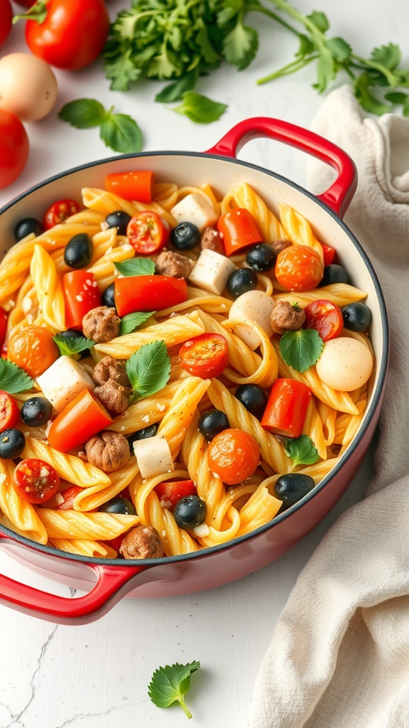 A colorful bowl of One-Pot Pasta Primavera with various vegetables and pasta.