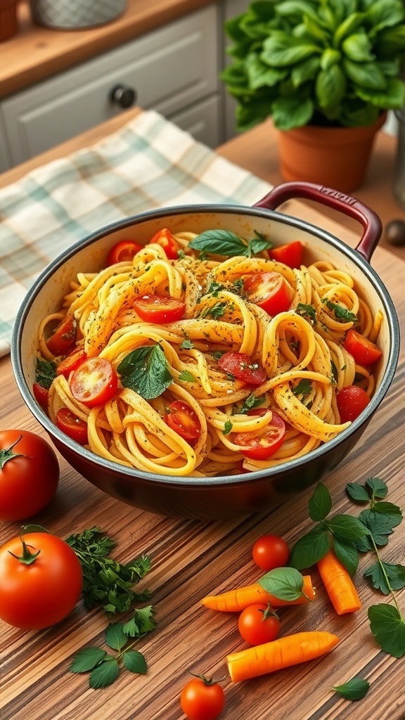 One-Pot Pasta Primavera with colorful vegetables and herbs