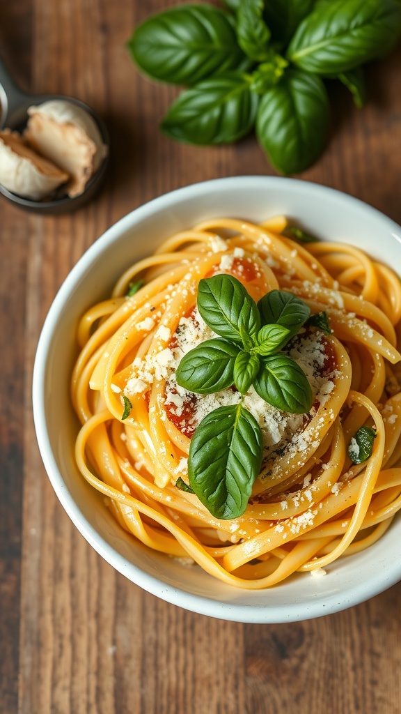 Plate of one-pot pasta with garlic and olive oil, garnished with basil.