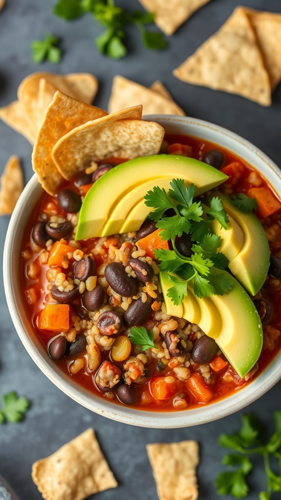 A bowl of One-Pot Quinoa and Black Bean Chili topped with avocado and cilantro.