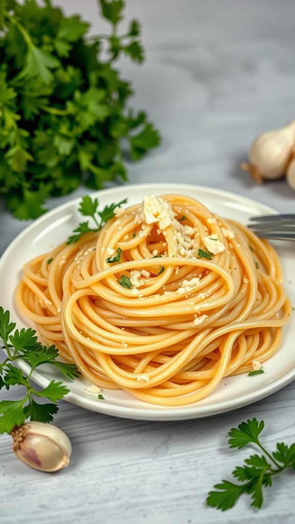 A plate of spaghetti aglio e olio garnished with parsley and cheese.