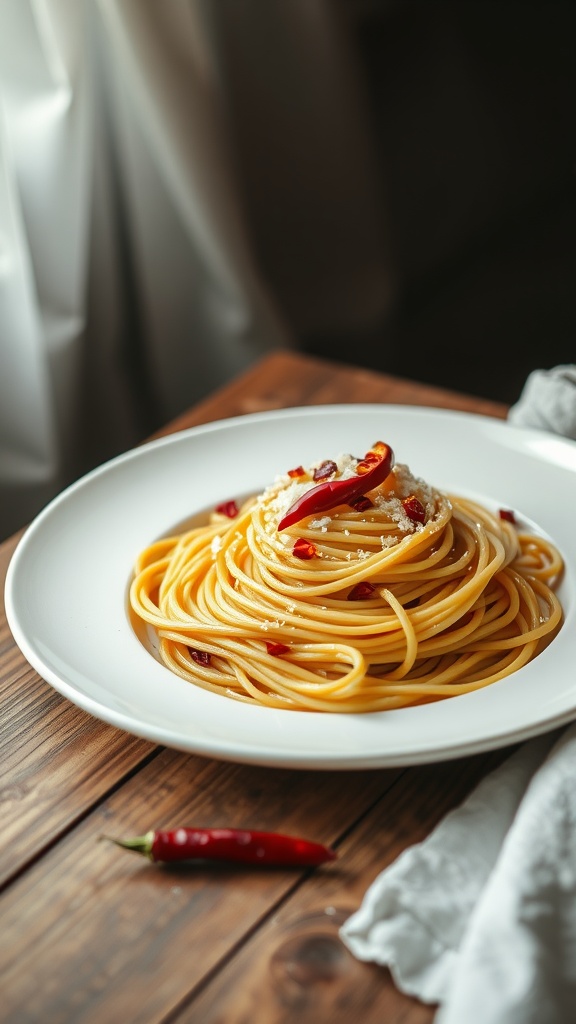 A plate of spaghetti aglio e olio garnished with red pepper flakes.