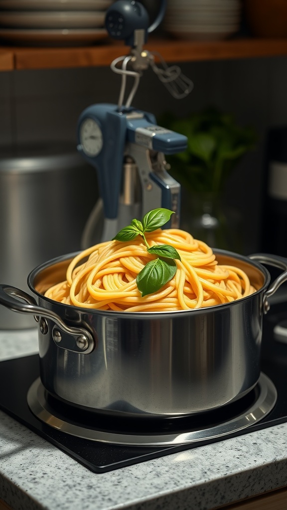 A pot of spaghetti Aglio e Olio with garlic and basil.