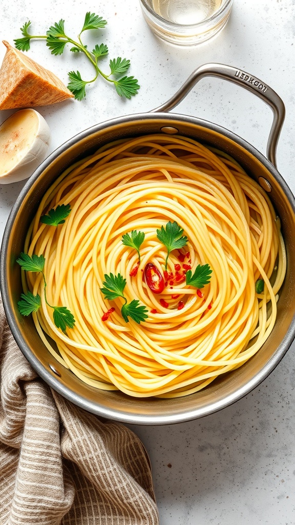A bowl of spaghetti aglio e olio garnished with parsley.