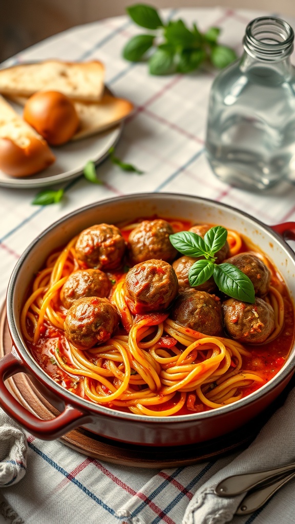 A bowl of spaghetti with meatballs garnished with basil and served with bread.