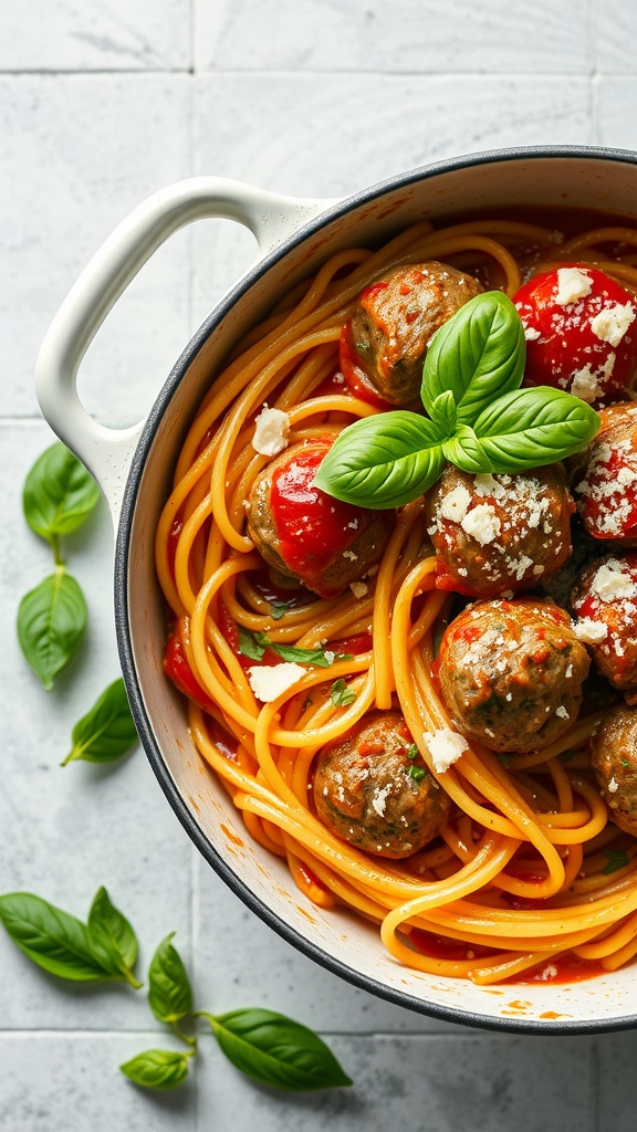 A serving of one-pot spaghetti with meatballs topped with fresh basil and cheese.