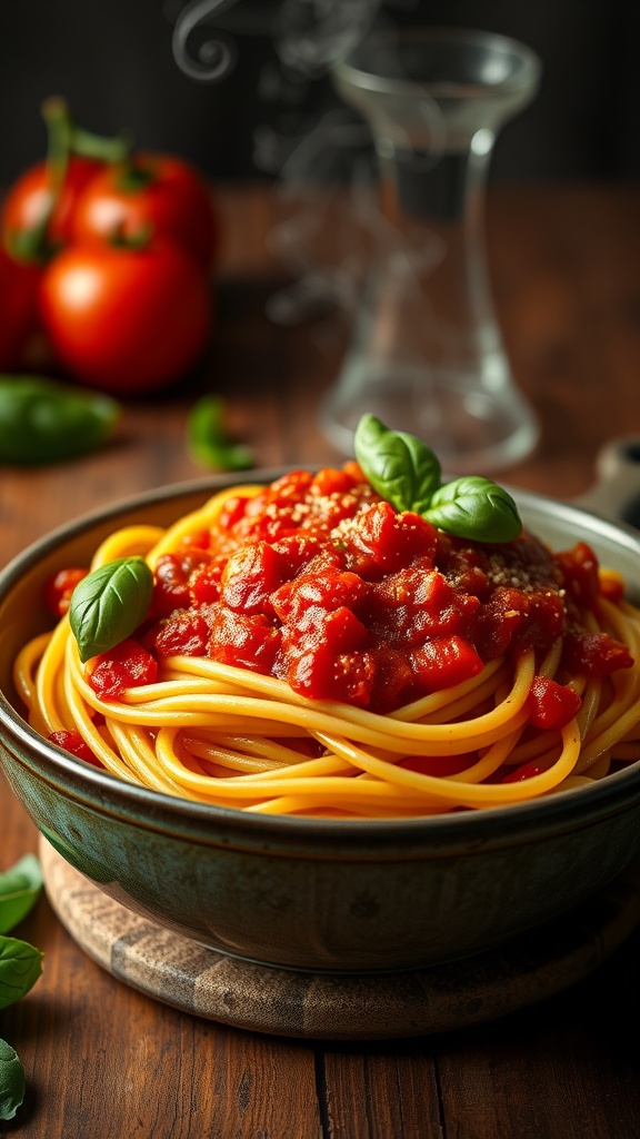 A bowl of spaghetti topped with tomato sauce and fresh basil