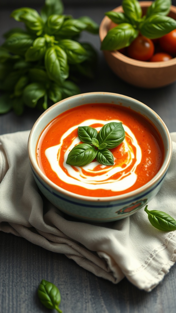 A bowl of spicy tomato basil soup garnished with basil leaves.