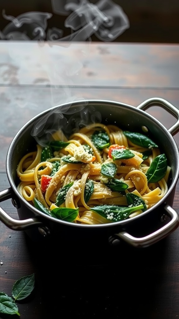 A pot of spinach and feta pasta simmering, garnished with fresh spinach and tomatoes.