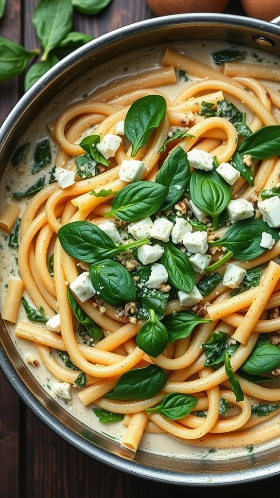 A plate of creamy spinach and feta pasta with fresh basil