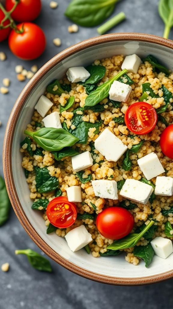 A bowl of quinoa mixed with spinach, feta cheese, and cherry tomatoes.