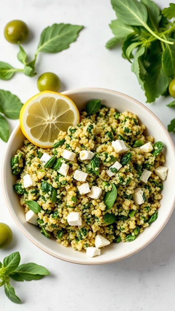 A bowl of quinoa salad with spinach and feta cheese, garnished with lemon and basil.