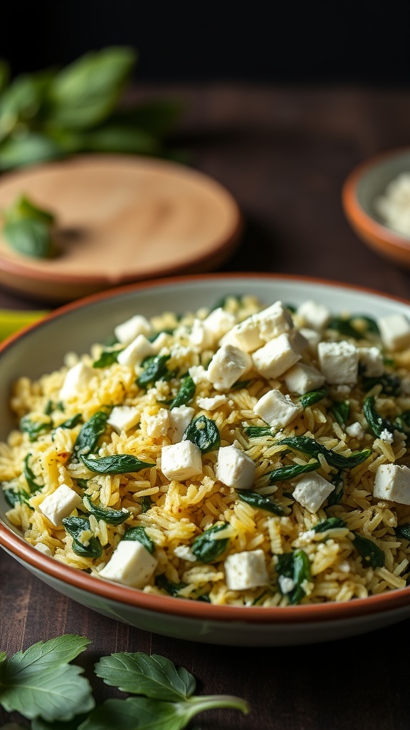 A bowl of one-pot spinach and feta rice garnished with crumbled feta and fresh spinach