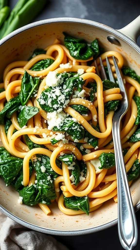 A bowl of One-Pot Spinach and Ricotta Pasta, garnished with Parmesan cheese.