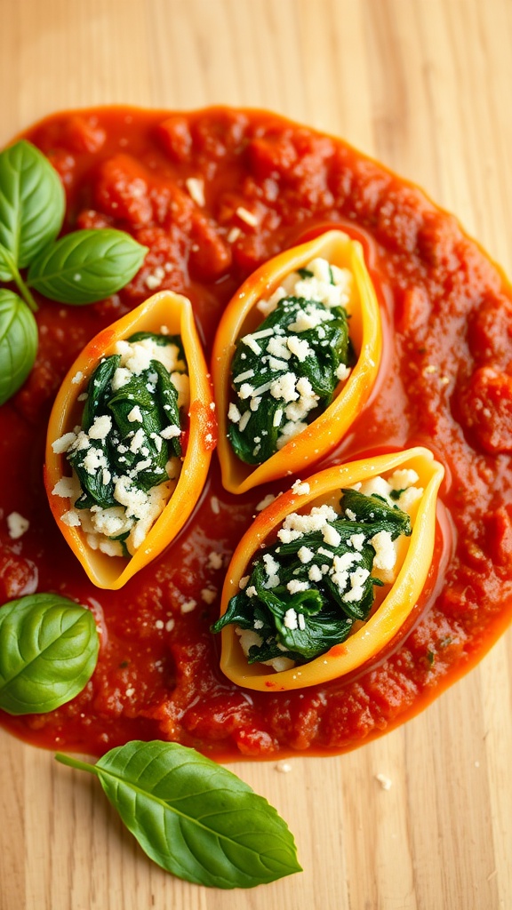 Delicious spinach and ricotta stuffed pasta shells in marinara sauce topped with basil.