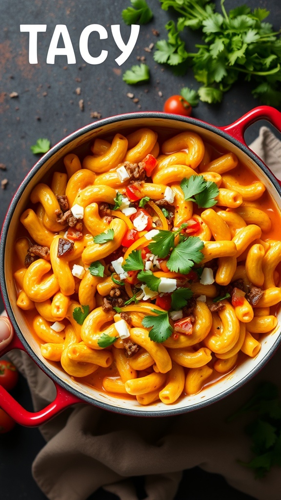 A creamy and cheesy one-pot taco mac and cheese dish topped with green onions.