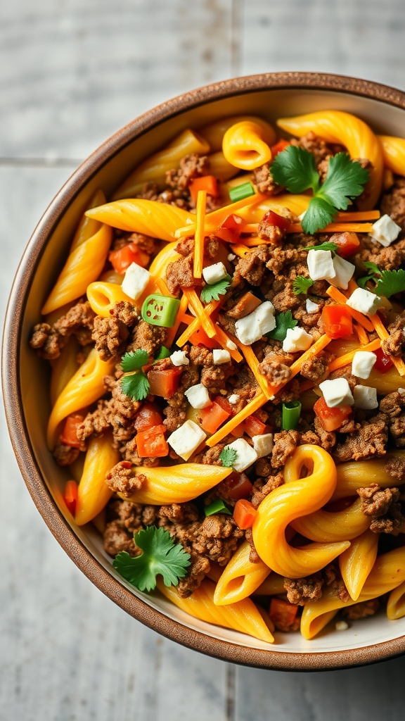 A bowl of One-Pot Taco Pasta featuring pasta, ground beef, chopped vegetables, and cheese garnished with fresh cilantro.