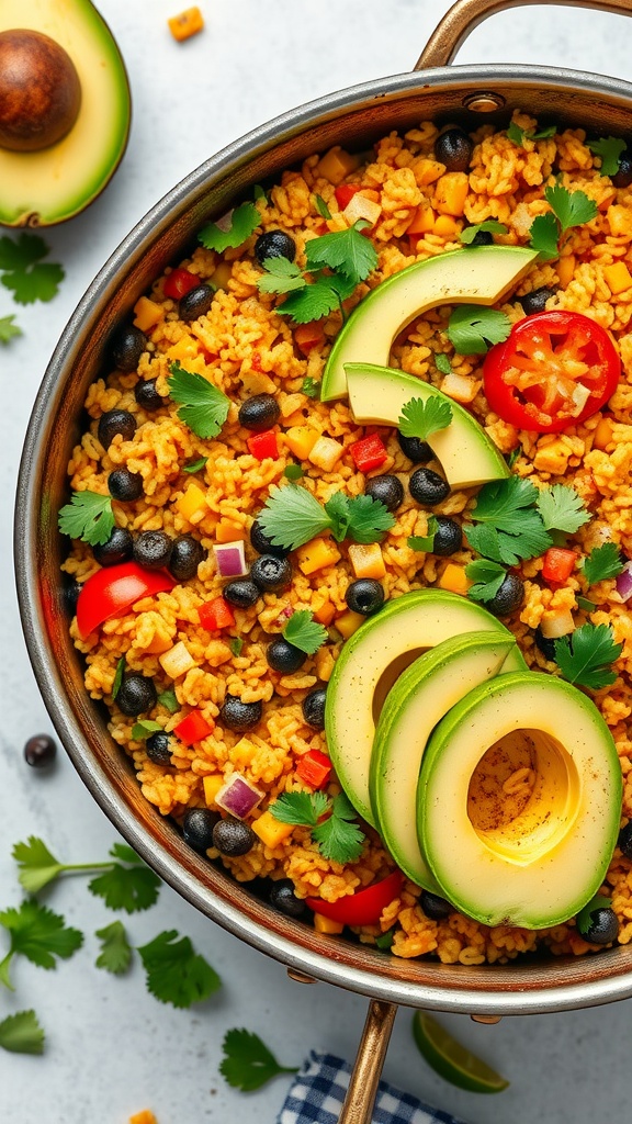 Colorful and appetizing One-Pot Taco Rice Skillet with toppings