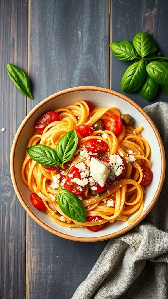 A bowl of tomato basil pasta garnished with fresh basil leaves on a wooden table.