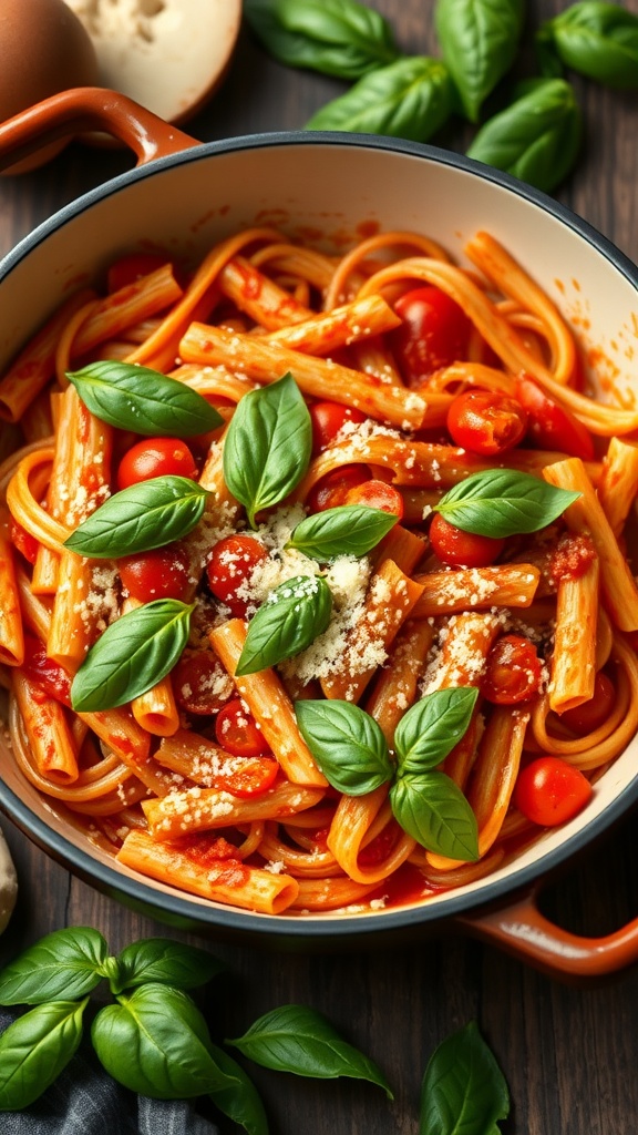 A bowl of One-Pot Tomato Basil Pasta with fresh basil leaves on top