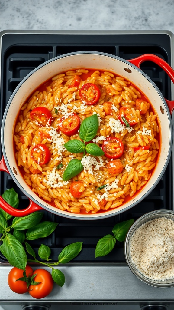 A bowl of creamy tomato basil risotto garnished with fresh basil and cherry tomatoes.