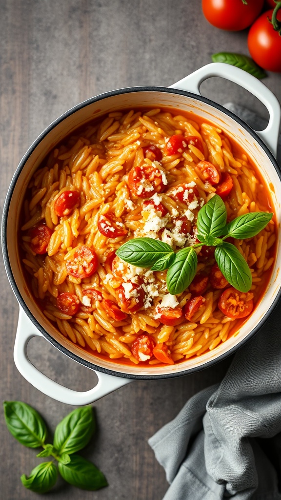 A bowl of creamy tomato basil risotto topped with fresh basil and cherry tomatoes.