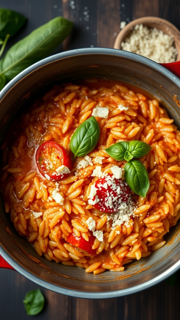 A delicious bowl of tomato basil risotto garnished with fresh basil and cherry tomatoes.
